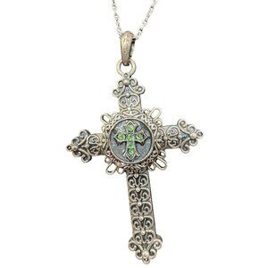 Vintage Silver-Tone Cross Pendant Necklace With Intricate Design & Green Accents